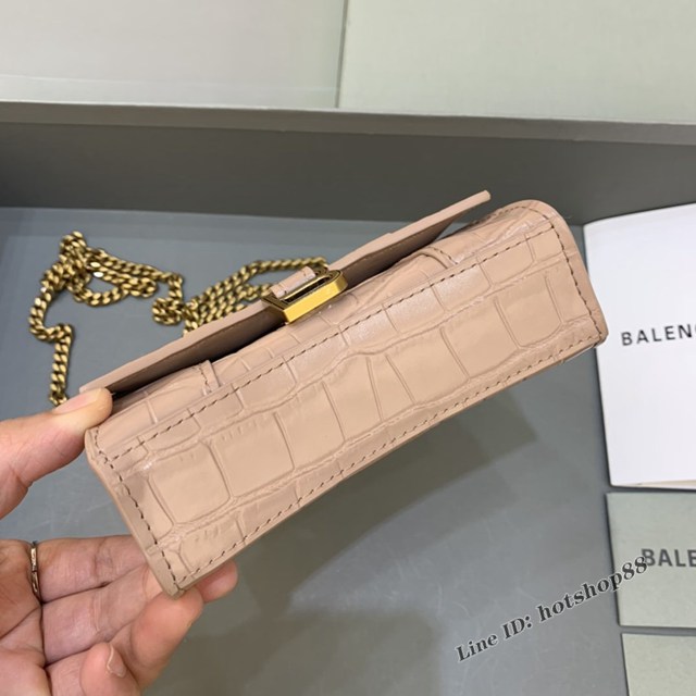 Balenciaga專櫃爆款mini Hourglass沙漏包 巴黎世家鱷魚紋裸粉色超迷你號手提肩背女包 fyj1546